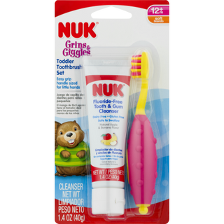NUK, Grins & Giggles Toddler Toothbrush Set, 12+ Months, 1 Cleanser & 1 Brush (Pink)